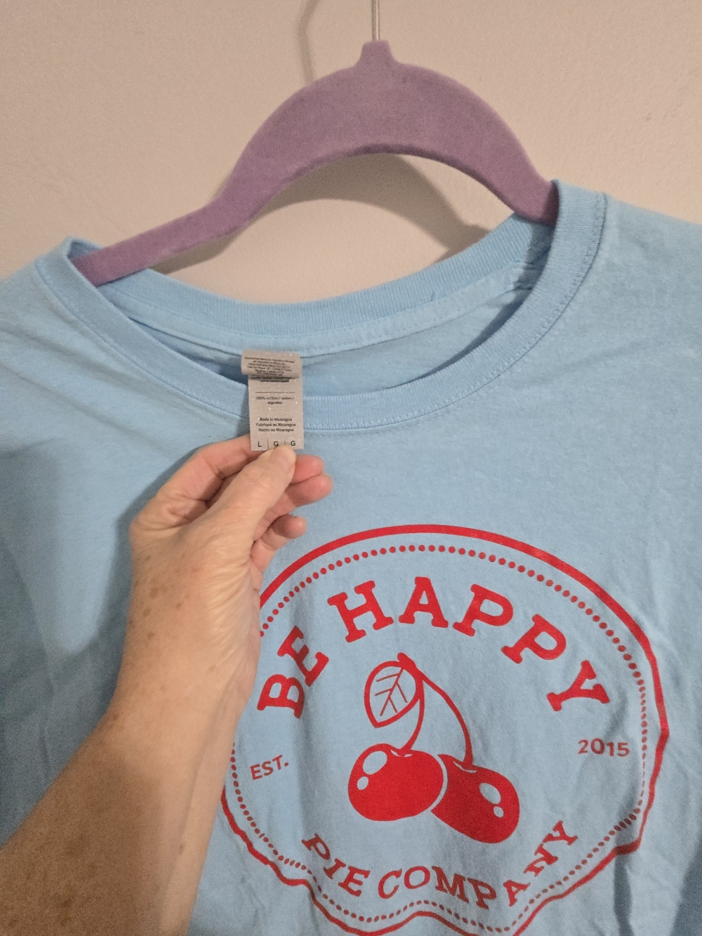 Gildan Light Blue Tee with Red Cherry 'Be Happy' Graphic - Picture 3 of 4